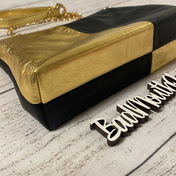 *Verona Black Gold and Black Leather Split Jackolantern Bag Purse - Picture 6 of 9